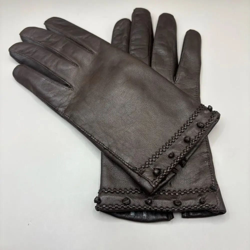 VTG Leather‎ Gloves Sz 7 Brown Knit Fabric Lined Unbranded Braided Embellished